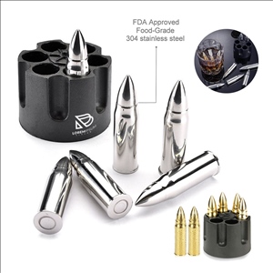 6 Pcs Silver Bullets Whiskey Stones With Revolver Base